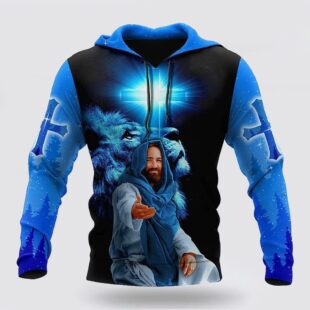 the cross and the praying lion jesus focus on me 3d hoodies for women men christmas gift6374