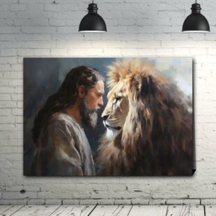 the sacred union of jesus and the lion canvas poster wall art5820