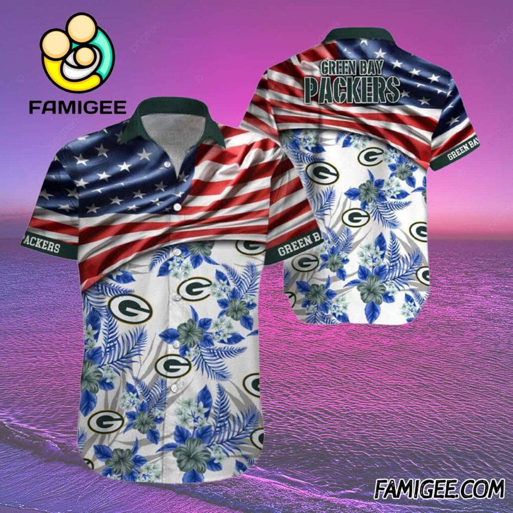 NFL Green Bay Packers American Flag Stripes Floral Hawaiian Shirt Packers Aloha Shirt 2