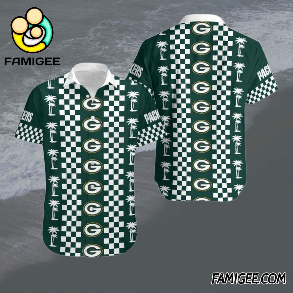 NFL Green Bay Packers Checkered Palms Hawaiian Shirt Packers Aloha Shirt 1