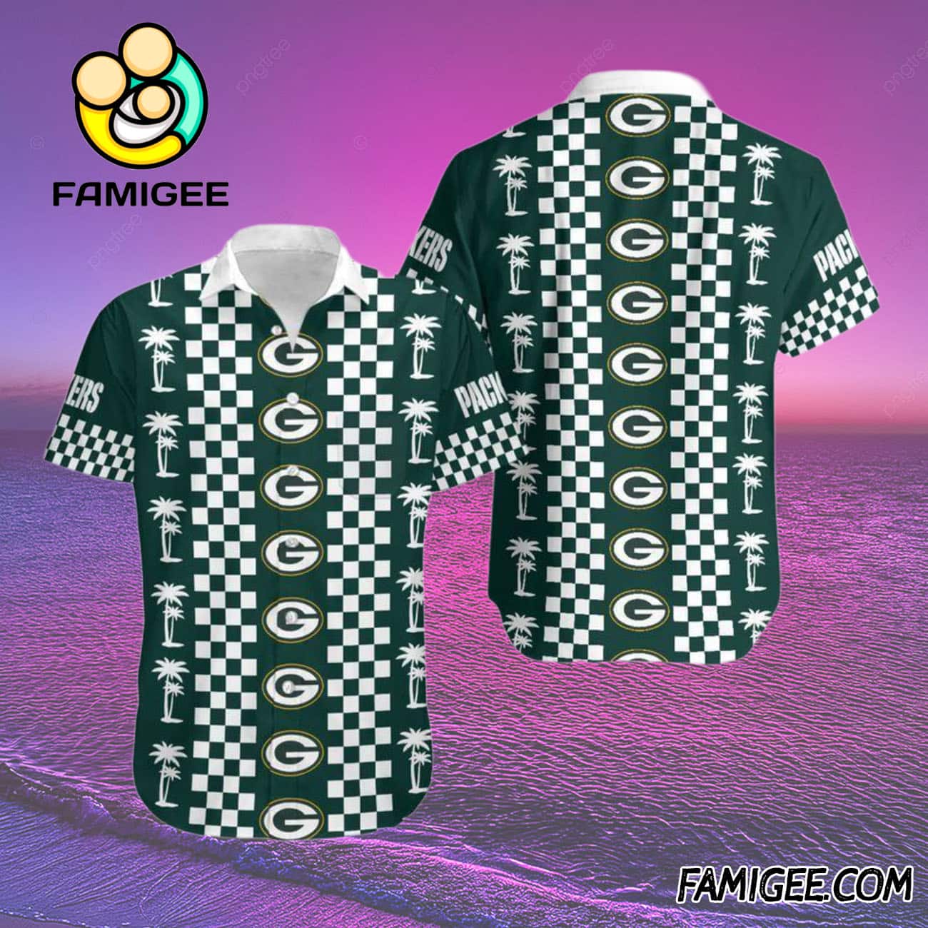 NFL Green Bay Packers Checkered Palms Hawaiian Shirt, Packers Aloha Shirt NFL Green Bay Packers Checkered Palms Hawaiian Shirt, Packers Aloha Shirt