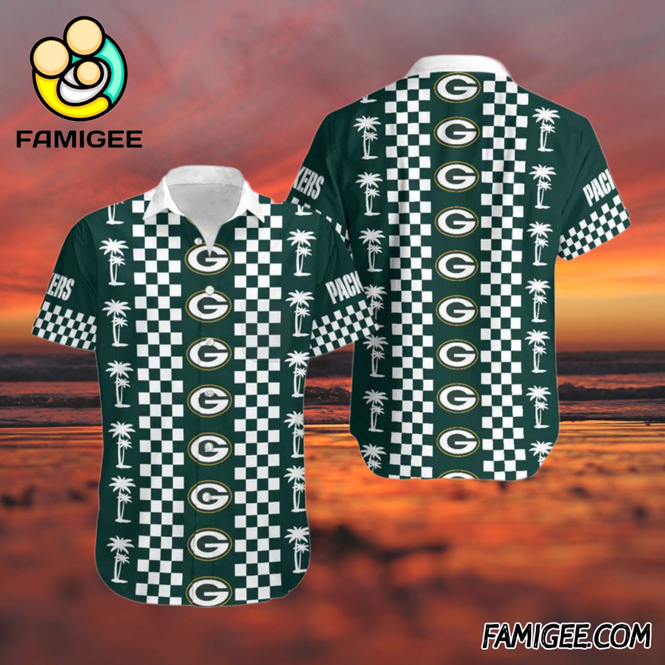 NFL Green Bay Packers Checkered Palms Hawaiian Shirt, Packers Aloha Shirt NFL Green Bay Packers Checkered Palms Hawaiian Shirt, Packers Aloha Shirt