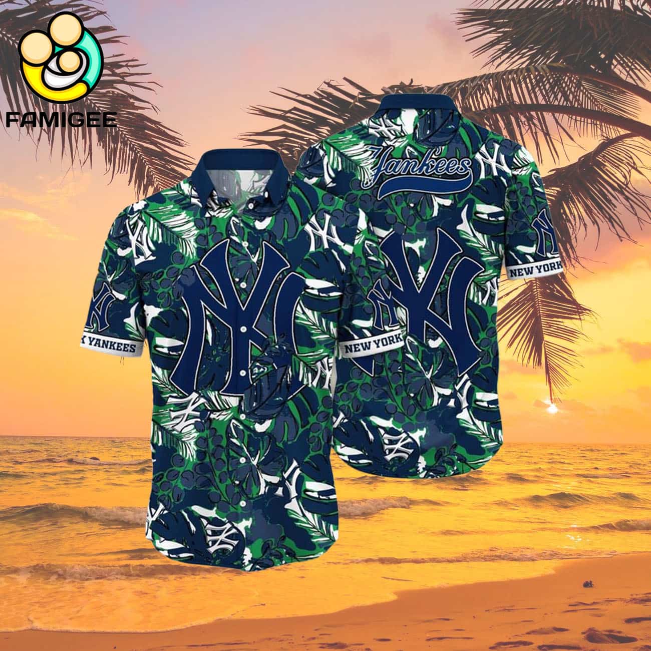 New York Yankees Flower Palm Tree Paradise Hawaiian Shirt New York Yankees Flower Palm Tree Paradise Hawaiian Shirt