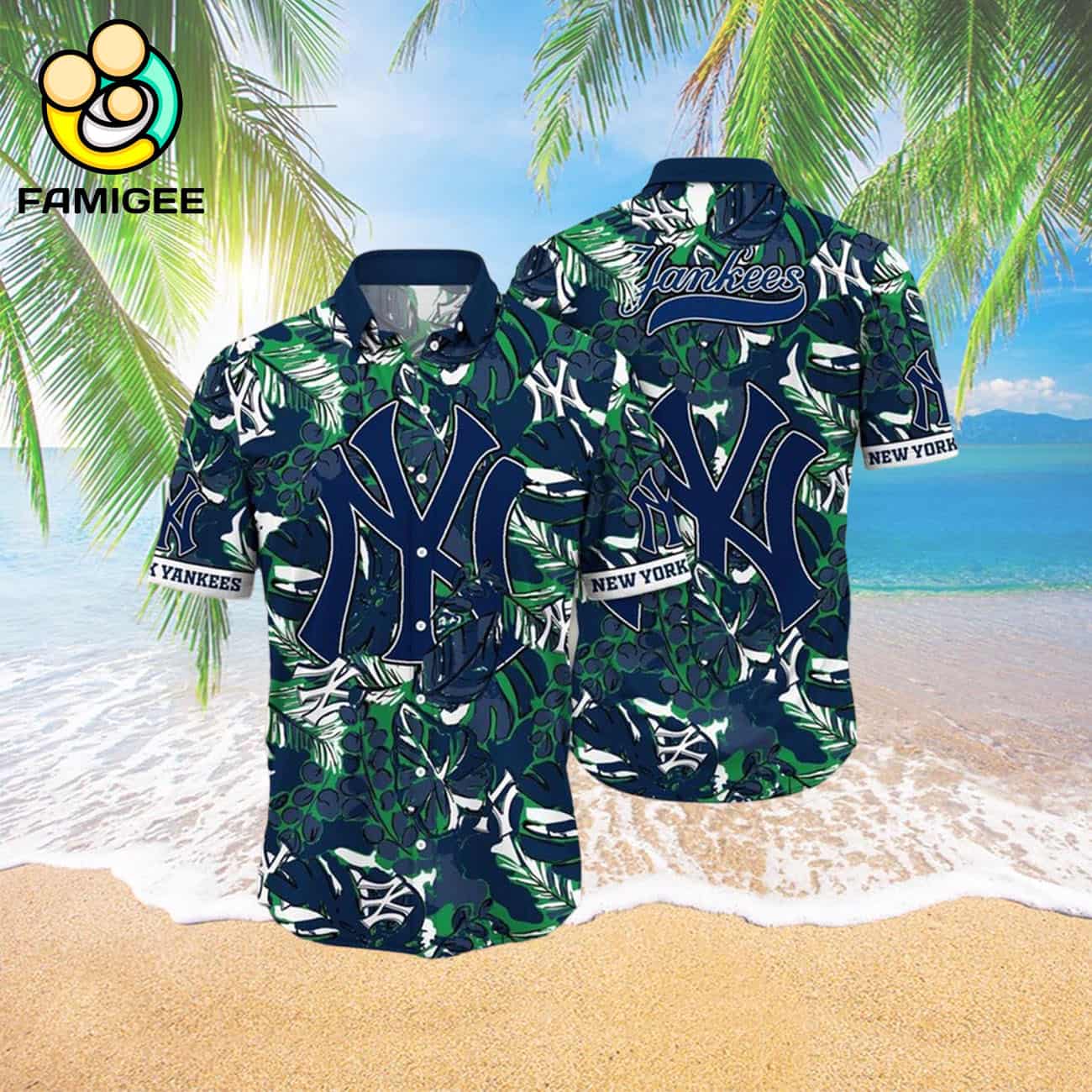 New York Yankees Flower Palm Tree Paradise Hawaiian Shirt New York Yankees Flower Palm Tree Paradise Hawaiian Shirt
