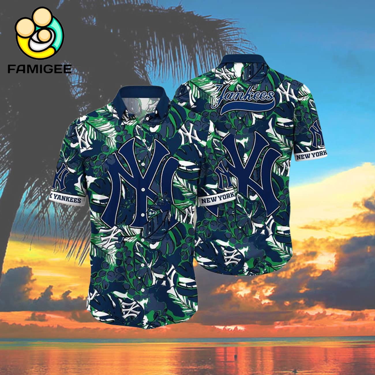 New York Yankees Flower Palm Tree Paradise Hawaiian Shirt New York Yankees Flower Palm Tree Paradise Hawaiian Shirt