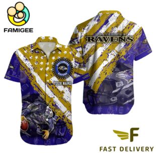 NFL Baltimore Ravens Football American Flag Mascot Custom Name Hawaiian Shirt