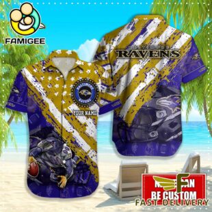 NFL Baltimore Ravens Football American Flag Mascot Custom Name Hawaiian Shirt