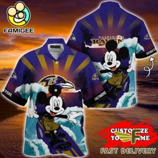 NFL Baltimore Ravens Mickey Mouse Surfing Custom Name Hawaiian Shirt
