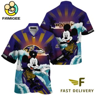 NFL Baltimore Ravens Mickey Mouse Surfing Custom Name Hawaiian Shirt