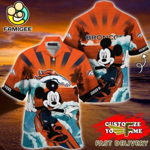 NFL Denver Broncos Mickey Mouse Surfing Custom Name Hawaiian Shirt