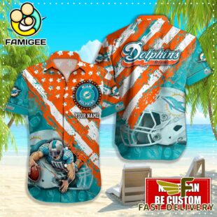 NFL Miami Dolphins Football American Flag Mascot Custom Name Hawaiian Shirt