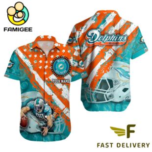 NFL Miami Dolphins Football American Flag Mascot Custom Name Hawaiian Shirt