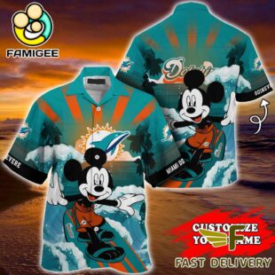 NFL Miami Dolphins Mickey Mouse Surfing Custom Name Hawaiian Shirt