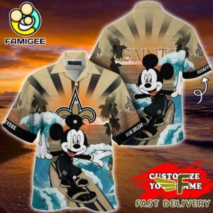 NFL New Orleans Saints Mickey Mouse Surfing Custom Name Hawaiian Shirt