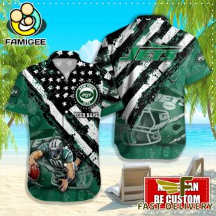 NFL New York Jets Football American Flag Mascot Custom Name Hawaiian Shirt