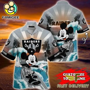 NFL Oakland Raiders Mickey Mouse Surfing Custom Name Hawaiian Shirt