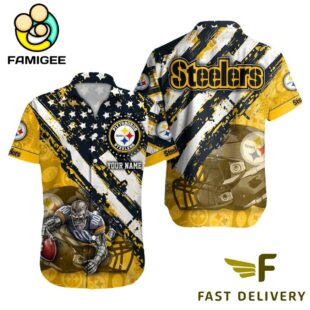 NFL Pittsburgh Steelers Football American Flag Mascot Custom Name Hawaiian Shirt