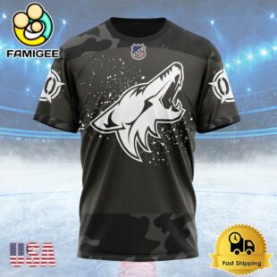 NHL Arizona Coyotes Special Black Camo Design For Veterans Day Custom Name T Shirt, NHL Shirt