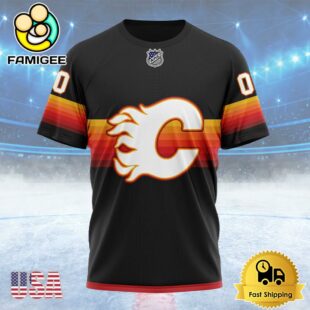 NHL Calgary Flames Special Black And Gradient Design Custom Name T Shirt, NHL Shirt