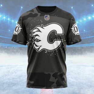 NHL Calgary Flames Special Black Camo Design For Veterans Day Custom Name T Shirt, NHL Shirt