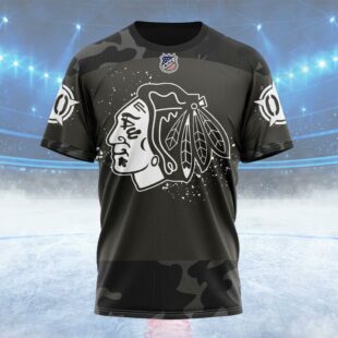 NHL Chicago Blackhawks Special Black Camo Design For Veterans Day Custom Name T Shirt, NHL Shirt