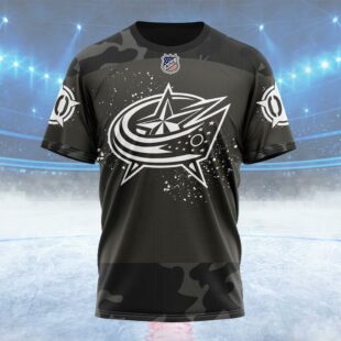 NHL Columbus Blue Jackets Special Black Camo Design For Veterans Day Custom Name T Shirt, NHL Shirt