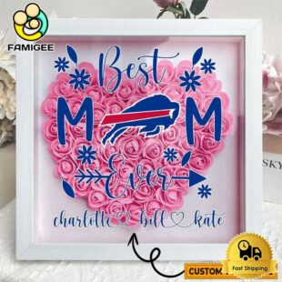 Buffalo Bills Colors Heart Custom Name Flower Shadow Box, Gift For Mother's Day
