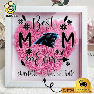 Carolina Panthers Colors Heart Custom Name Flower Shadow Box, Gift For Mother's Day