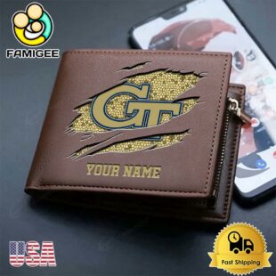 Custom Georgia Tech Yellow Jackets Team Logo Men's Leather Wallet