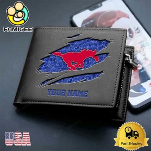Custom SMU Mustangs Team Logo Men's Leather Wallet
