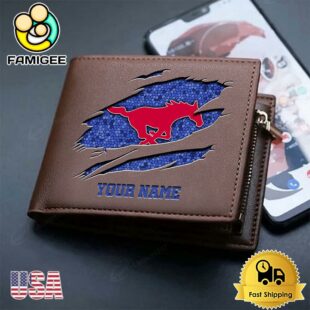 Custom SMU Mustangs Team Logo Men's Leather Wallet
