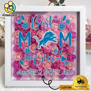 Detroit Lions Colors Square Custom Name Flower Shadow Box, Gift For Mother's Day