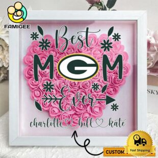Green Bay Packers Colors Heart Custom Name Flower Shadow Box, Gift For Mother's Day