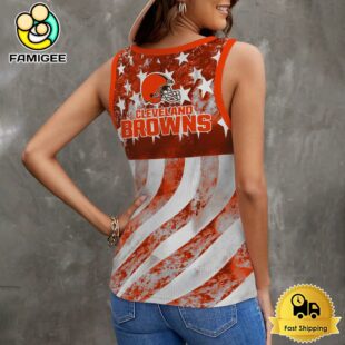 NFL Cleveland Browns USA Flag Graphic Women V-Neck Ribbed Tank Top