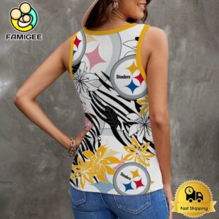 NFL Pittsburgh Steelers Summer Flower Pattern Women V-Neck Ribbed Tank Top