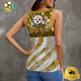 NFL Pittsburgh Steelers USA Flag Graphic Women V-Neck Ribbed Tank Top