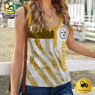 NFL Pittsburgh Steelers USA Flag Graphic Women V-Neck Ribbed Tank Top