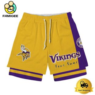 NFL Minnesota Vikings Team Logo Custom Name Double-deck Sport Shorts
