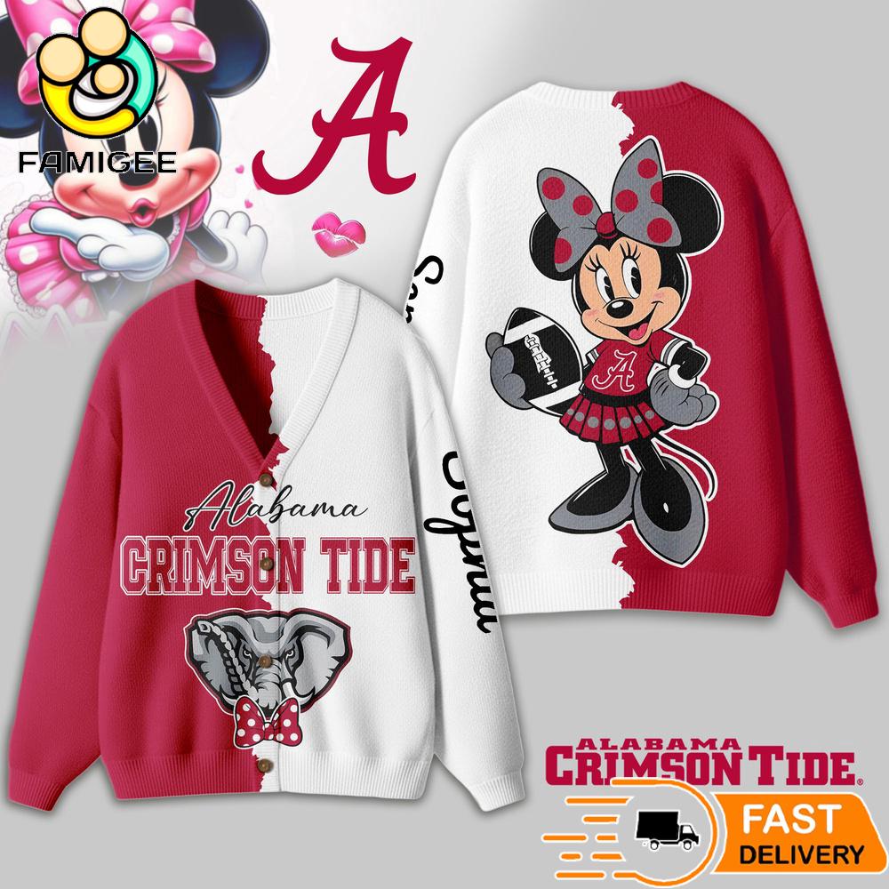 Alabama Crimson Tide Minnie Inspired Bow Cartoon Custom Name Cardigan Sweater 1 Alabama Crimson Tide Minnie Inspired Bow Cartoon Custom Name Cardigan Sweater