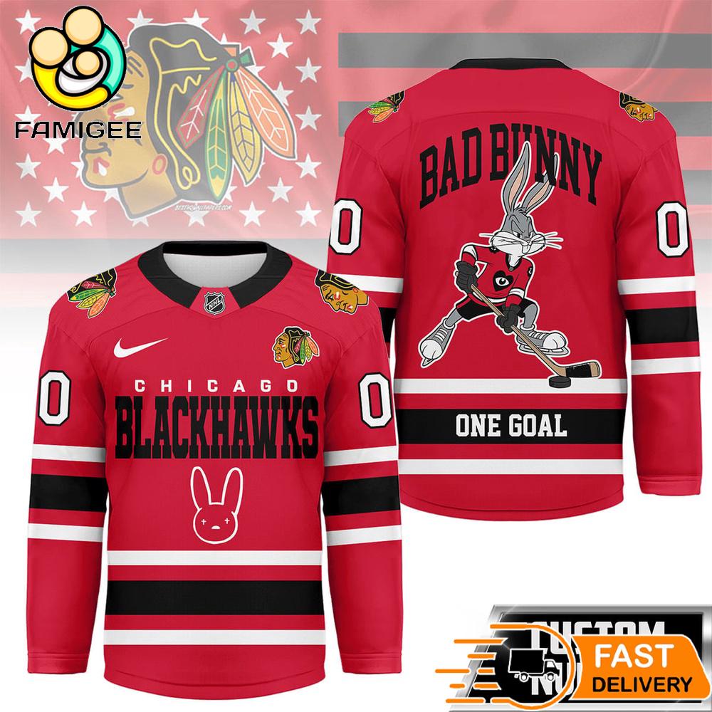 Chicago Blackhawks NHL Bad Bunny Hockey Jersey 1 Chicago Blackhawks NHL Bad Bunny Hockey Jersey