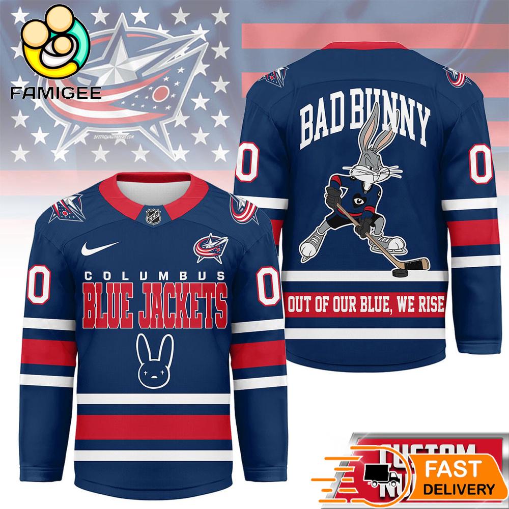 Columbus Blue Jackets NHL Bad Bunny Hockey Jersey 1 Columbus Blue Jackets NHL Bad Bunny Hockey Jersey