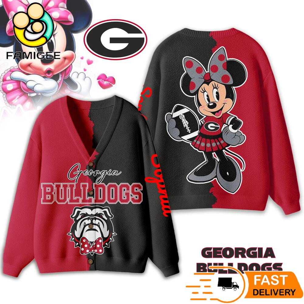 Georgia Bulldogs Minnie Inspired Bow Cartoon Custom Name Cardigan Sweater 1 Georgia Bulldogs Minnie Inspired Bow Cartoon Custom Name Cardigan Sweater