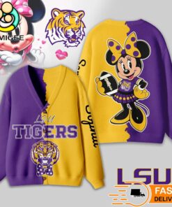 LSU Tigers Minnie Inspired Bow Cartoon Custom Name Cardigan Sweater