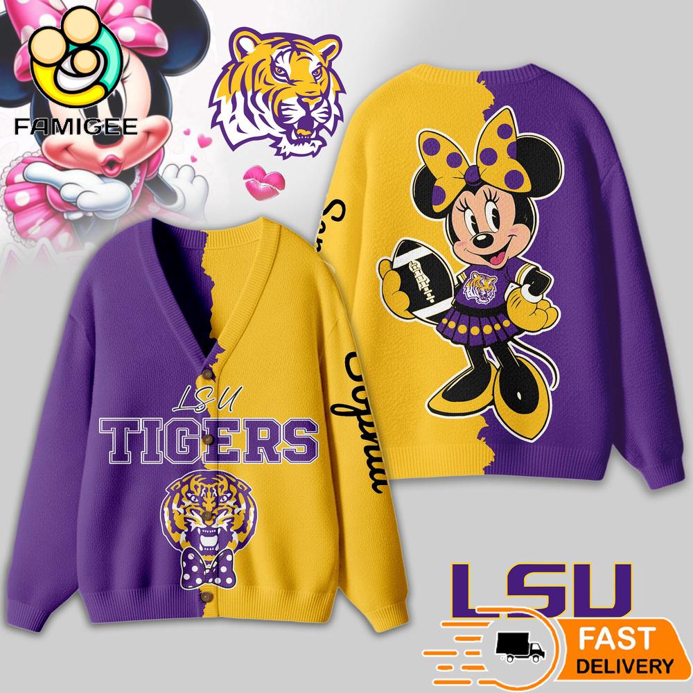 LSU Tigers Minnie Inspired Bow Cartoon Custom Name Cardigan Sweater 1 LSU Tigers Minnie Inspired Bow Cartoon Custom Name Cardigan Sweater