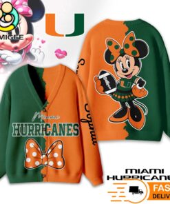 Miami Hurricanes Minnie Inspired Bow Cartoon Custom Name Cardigan Sweater
