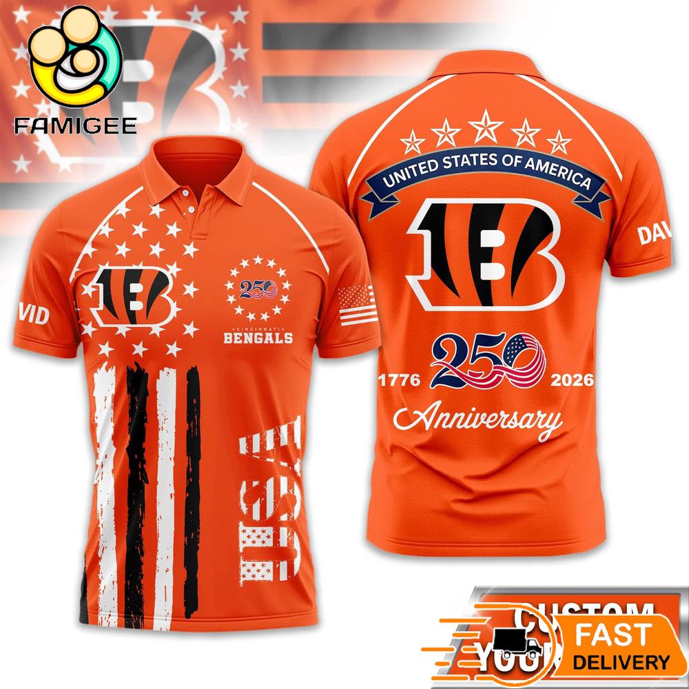 Cincinnati Bengals 250 Years Of Freedom USA Vintage Custom Name Polo Shirt 1 Cincinnati Bengals 250 Years Of Freedom USA Vintage Custom Name Polo Shirt